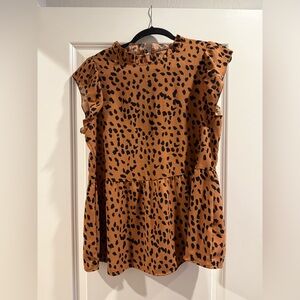 Womens Brown Animal Print Ruffle Sleeve Top
